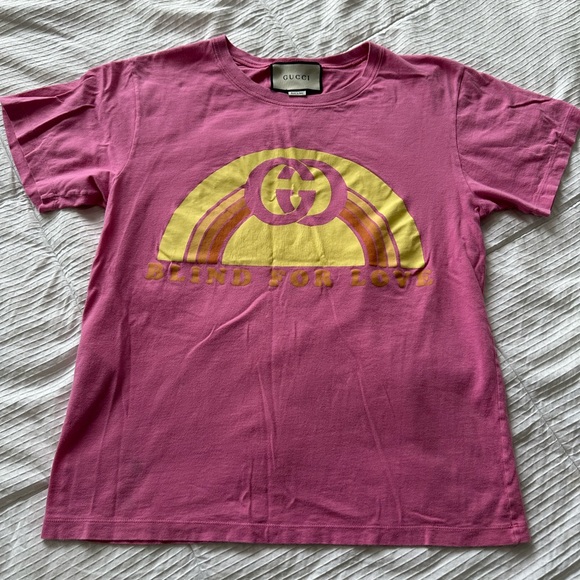Gucci GG Blind for Love Pink and Yellow Short Sleeve Tee - Picture 1 of 5